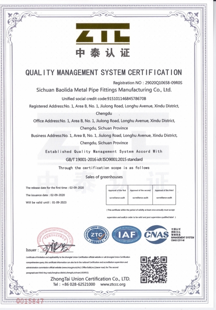 Porcelana Sichuan Baolida Metal Pipe Fittings Manufacturing Co., Ltd. certificaciones
